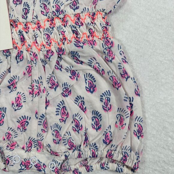 Everbloom Baby 3 Month Blue Pink Tie Shoulder Smocked Waist One Piece Romper - Picture 2 of 6